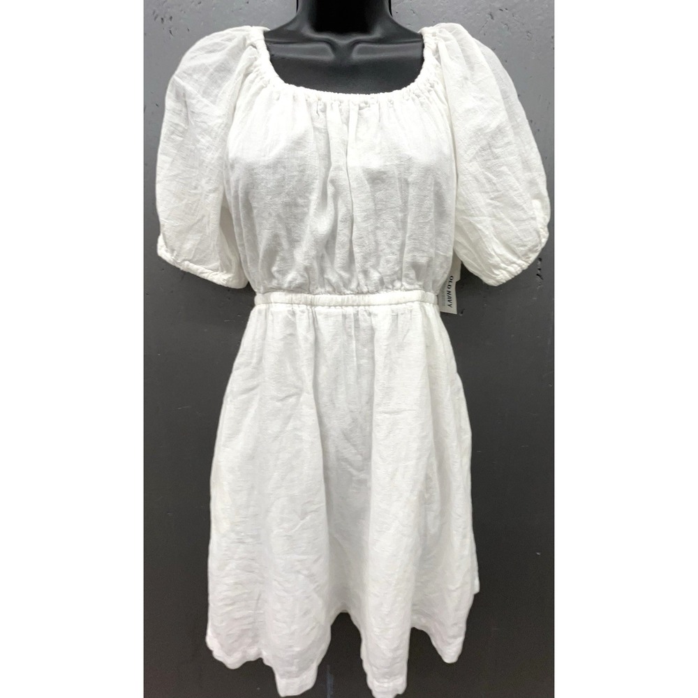 Old Navy Dress XS White Cotton Puff Sleeve Tie Back Pockets Beach Boho Coquette